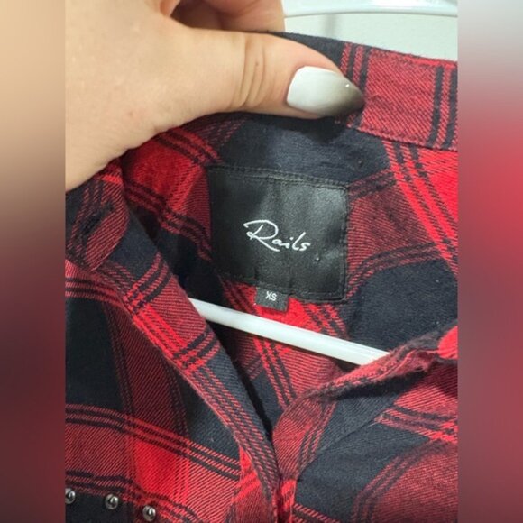 Rails Red and Black Plaid Shirt with studs and rose patch work - Picture 5 of 11